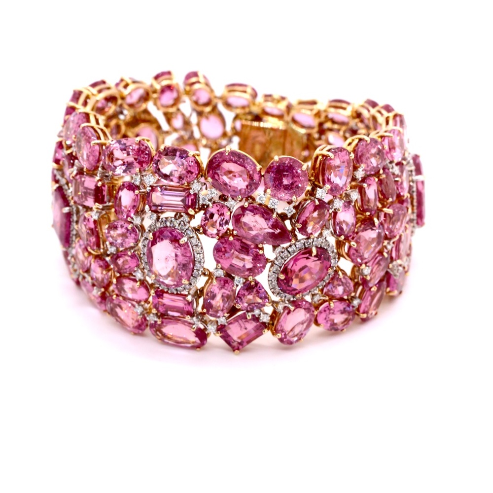 66.47 Pink Spinel Yellow Gold Diamonds Bracelet - Picture 6 of 12
